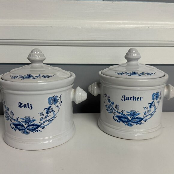 Two Vintage Jager Eisenberg Kitchen Porcelain Pots White w/Blue Flower Print - Picture 1 of 16